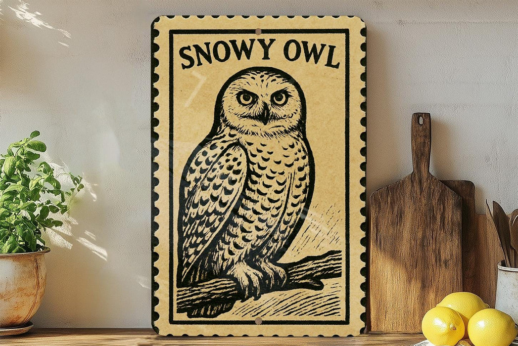 a framed illustration of a snowy owl perched on a branch, with a wooden cutting board and a potted plant in the background.