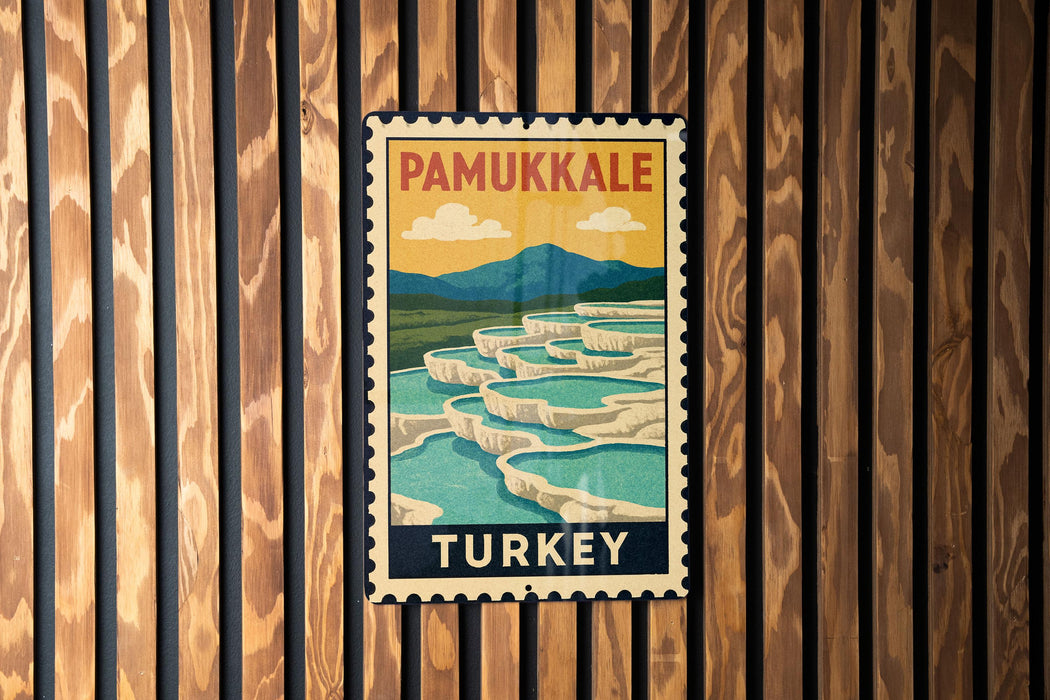 A vintage-style poster of Pamukkale, a famous geyser in Turkey, displayed on a wooden wall.