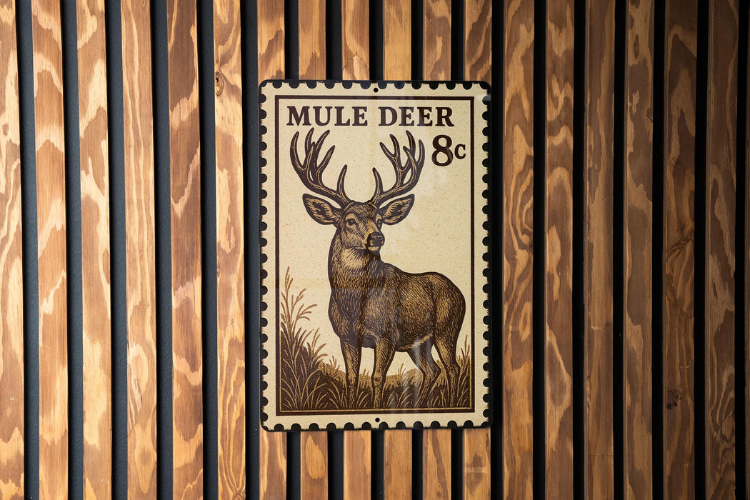A wooden wall with a framed image of a mule deer, which appears to be a postage stamp or a decorative piece.