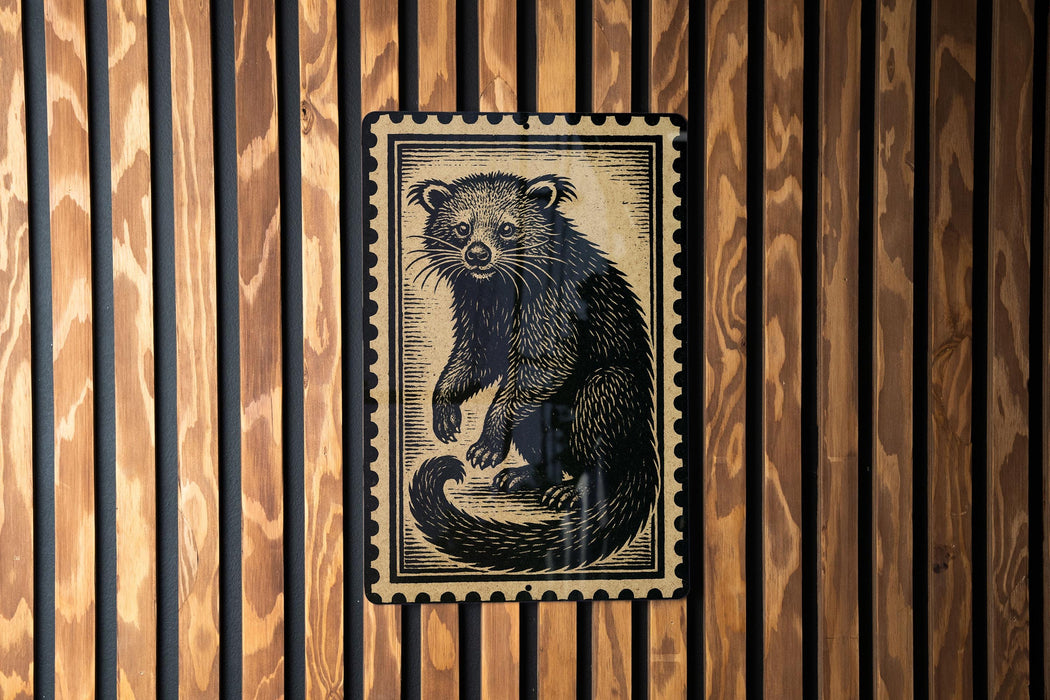 a wooden wall with a framed illustration of a raccoon.