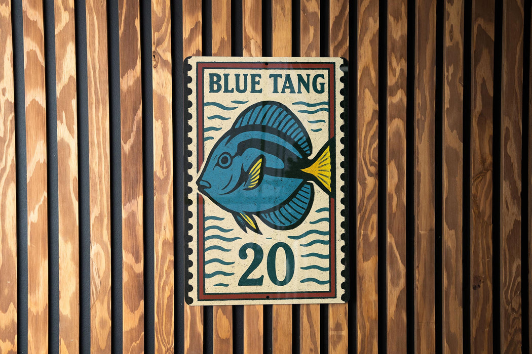 A vintage-style sign featuring a blue tang fish, with the number 20 below it, is displayed on a wooden wall.