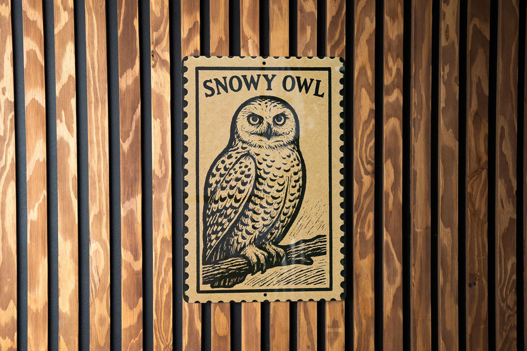 A black and white illustration of a snowy owl perched on a branch, mounted on a wooden wall.
