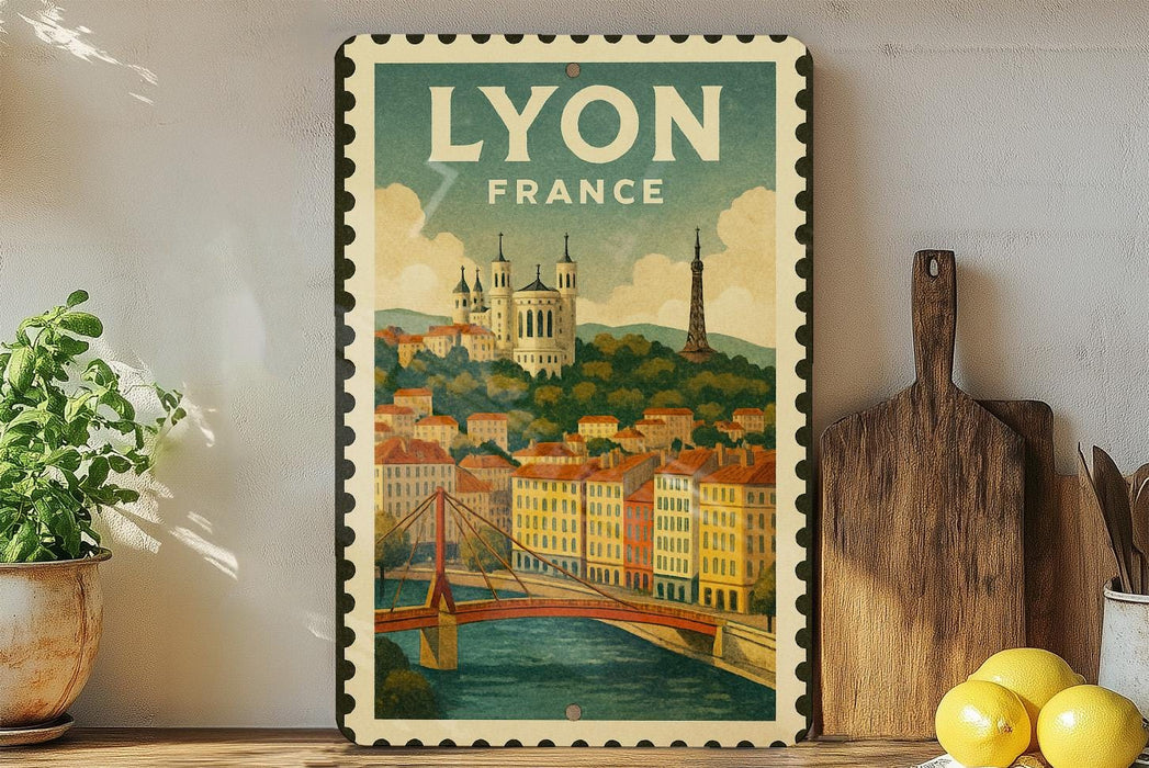 A vintage-style poster of Lyon, France, featuring a castle and a bridge, is displayed on a wall next to a wooden cutting board and some potted plants.