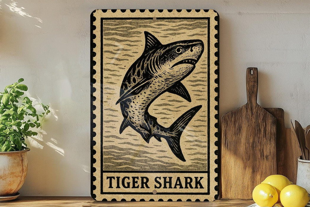 A framed image of a tiger shark is displayed on a shelf, accompanied by a wooden cutting board, a potted plant, and some lemons.