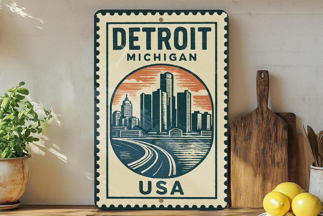 A vintage-style metal sign with the text "Detroit Michigan USA" and an illustration of a city skyline, placed on a wooden surface next to a wooden cutting board and a potted plant.