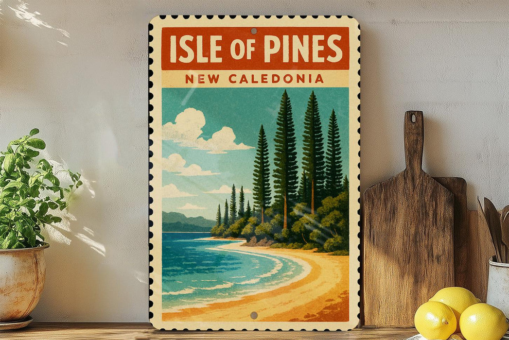 A vintage-style poster of the Isle of Pines in New Caledonia, featuring a beach, pine trees, and a blue sky with clouds.