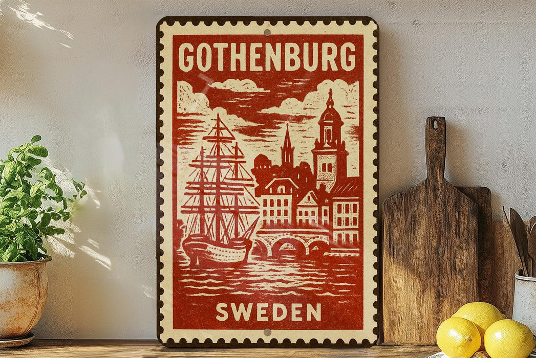 A vintage-style metal sign with a red and white design depicting a sailing ship and a city skyline, mounted on a wall next to a wooden cutting board and some potted plants.