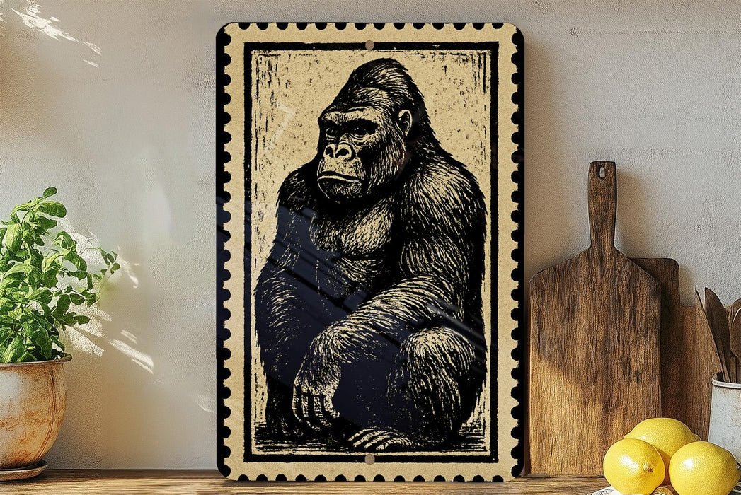 a framed illustration of a gorilla sitting on a wooden surface, surrounded by various kitchen utensils and a potted plant.