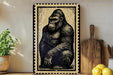 a framed illustration of a gorilla sitting on a wooden surface, surrounded by various kitchen utensils and a potted plant.