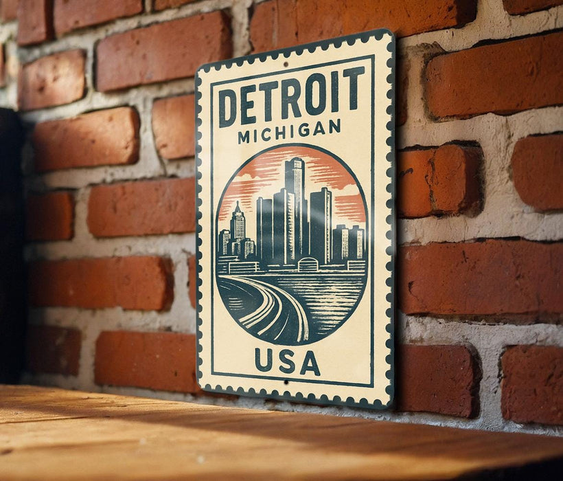 A metal sign with the text "Detroit Michigan USA" and an illustration of a city skyline is displayed on a brick wall.