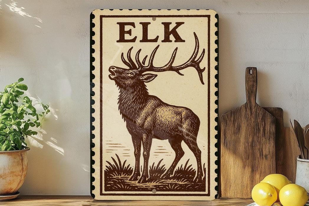 a wooden sign with a deer illustration, placed on a shelf next to a wooden cutting board and some lemons.