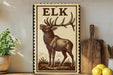 a wooden sign with a deer illustration, placed on a shelf next to a wooden cutting board and some lemons.