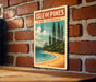 A vintage-style sign for the Isle of Pines in New Caledonia, featuring a scenic landscape with pine trees, a beach, and a body of water.