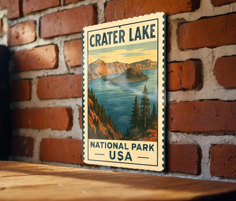 A vintage-style sign for Crater Lake National Park, featuring a scenic illustration of the lake surrounded by mountains and pine trees.