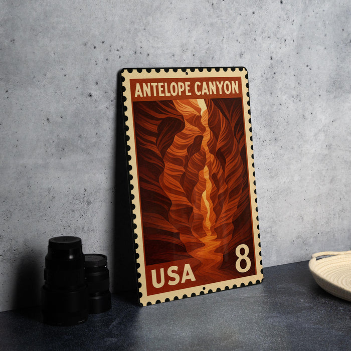 A metal stamp with the text "ANTELOPE CANYON" and "USA 8" printed on it, featuring an illustration of the Antelope Canyon.