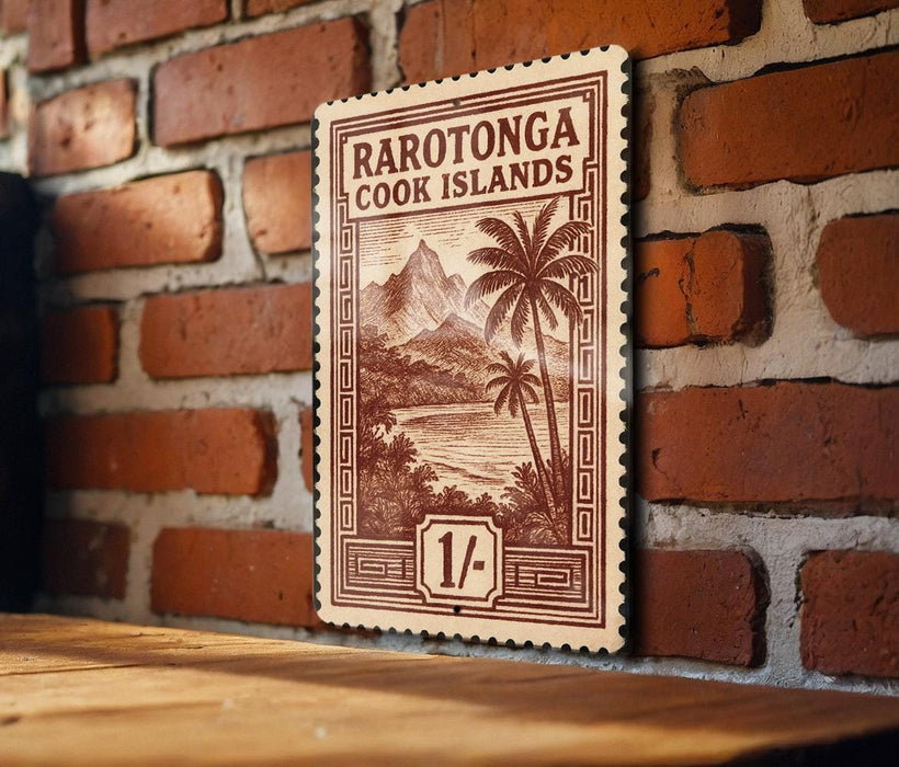 a wooden sign with a tropical island landscape, mounted on a brick wall.