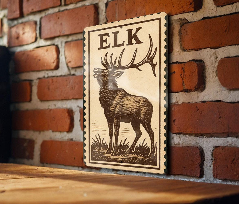 a wooden table with a framed print of a deer standing in a grassy field.