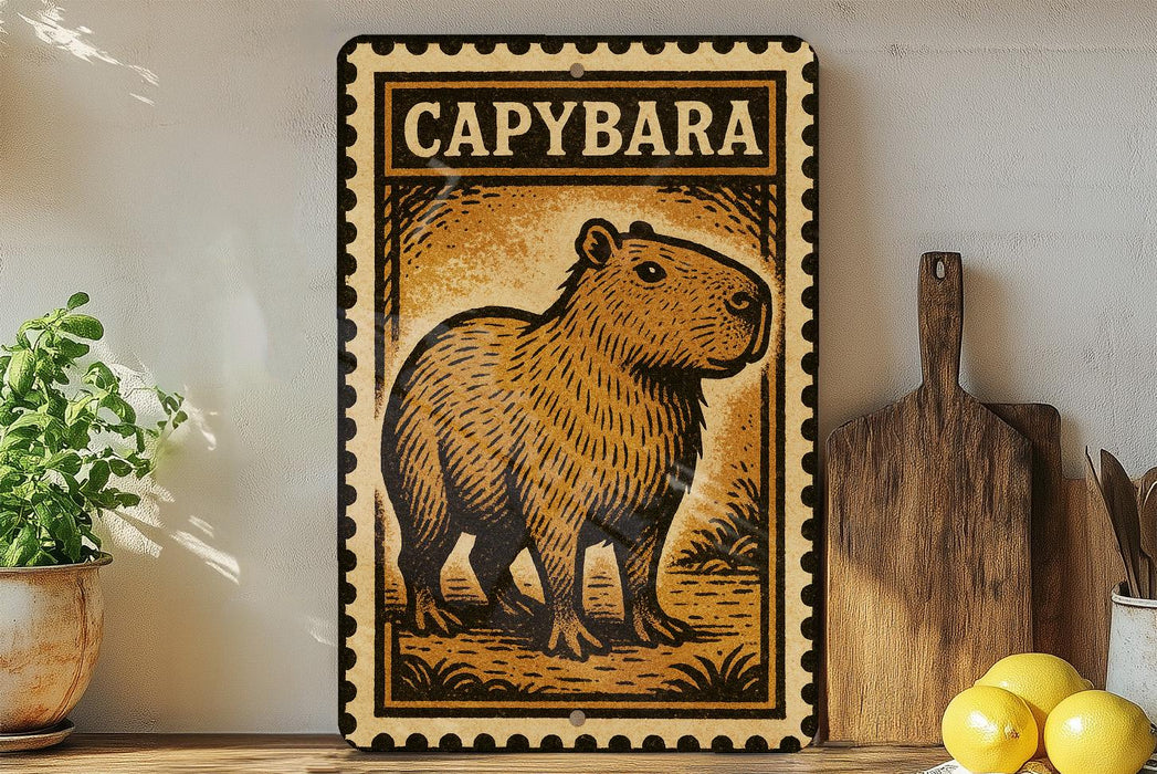 a metal sign with a picture of a capybara, a type of rodent, on it. The sign is placed on a shelf next to a wooden cutting board and some lemons.