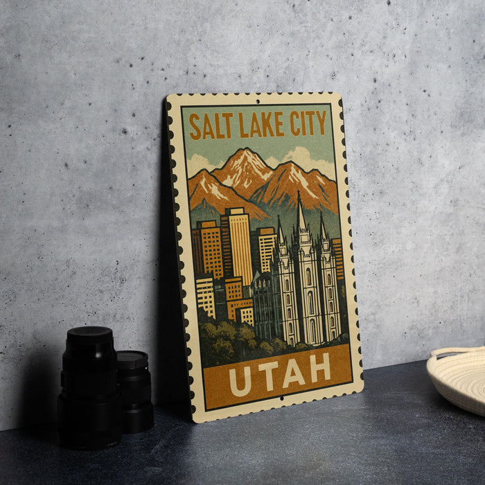 A framed poster of Salt Lake City, Utah, featuring a mountain range and cityscape.