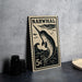 A black and white postage stamp featuring a narwhal, a type of whale, is displayed on a table.