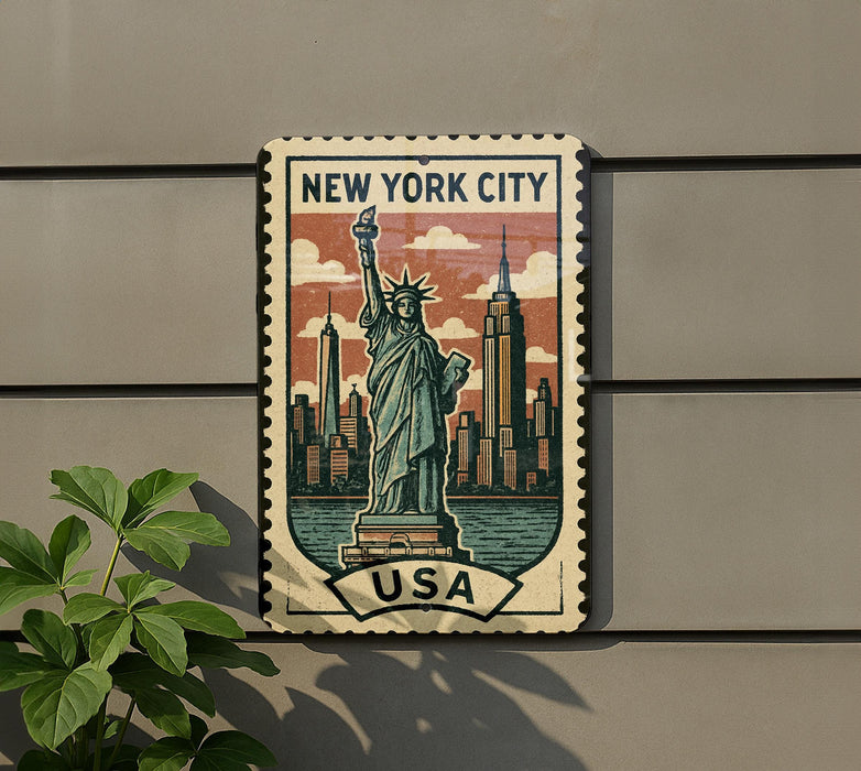 A vintage-style postage stamp featuring the Statue of Liberty in New York City, with the text "NEW YORK CITY USA" prominently displayed.