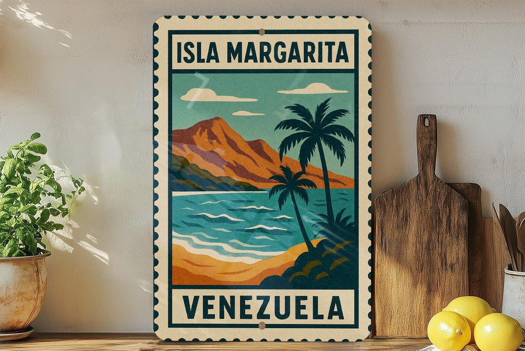 A vintage-style sign for "Isla Margarita" in Venezuela, featuring a tropical beach scene with palm trees and mountains.