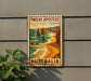 A vintage-style poster of the Twelve Apostles, a famous rock formation in Australia, is displayed on a wall.