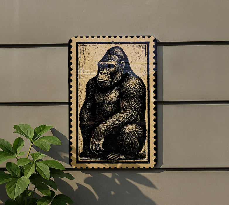 a large, detailed illustration of a gorilla sitting on its hind legs, mounted on a wall.