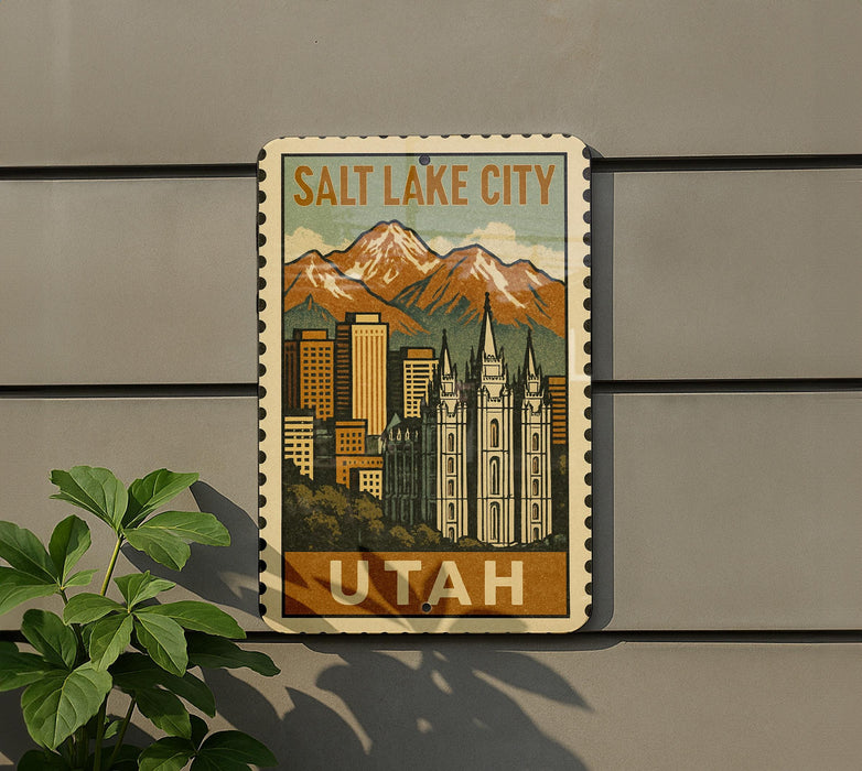 A vintage-style sign depicting Salt Lake City, Utah, with mountains in the background and a cityscape in the foreground.