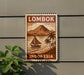 a sign with a vintage-style illustration of a sailboat on a tropical beach, with palm trees and a mountain in the background. The sign is mounted on a wall and is surrounded by greenery, including a plant.