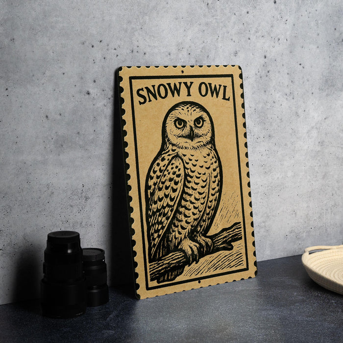 A framed illustration of a snowy owl is displayed on a wall, with a stack of black camera lenses to the left and a white dish to the right.