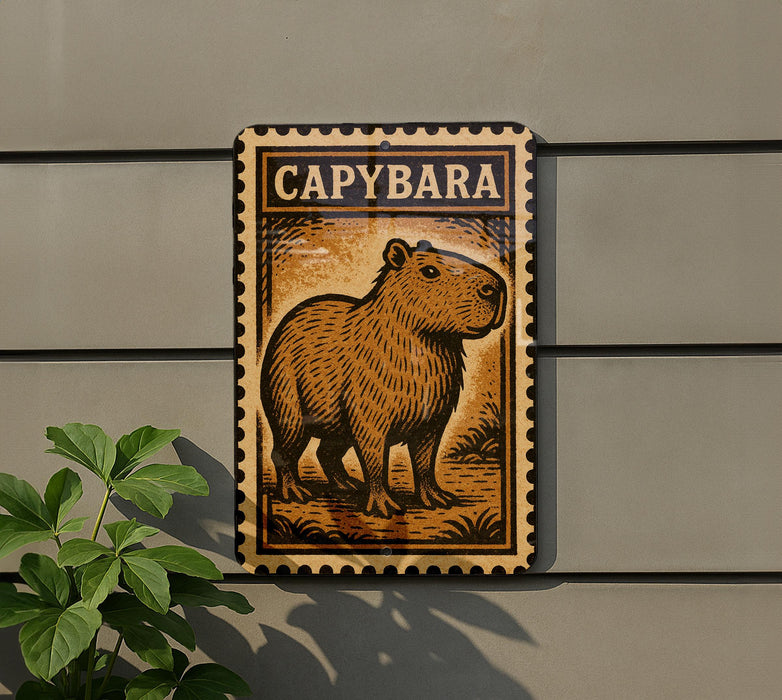 a sign with a picture of a capybara, a type of rodent, mounted on a wall.