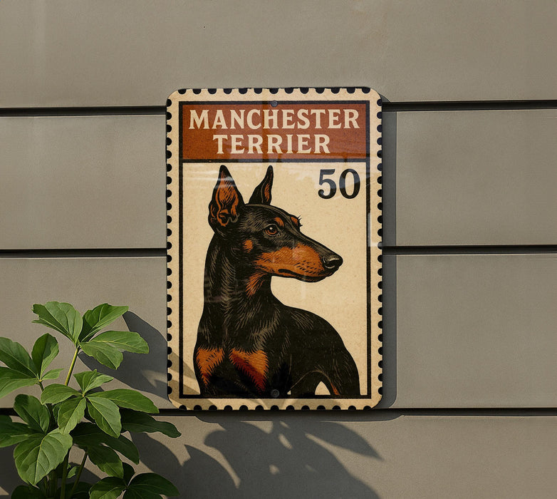 A Manchester Terrier dog is depicted on a postage stamp-like sign, with the number 50 below it.