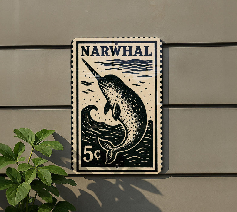 A black and white postage stamp featuring a narwhal, which is a type of whale, is displayed on a wall.