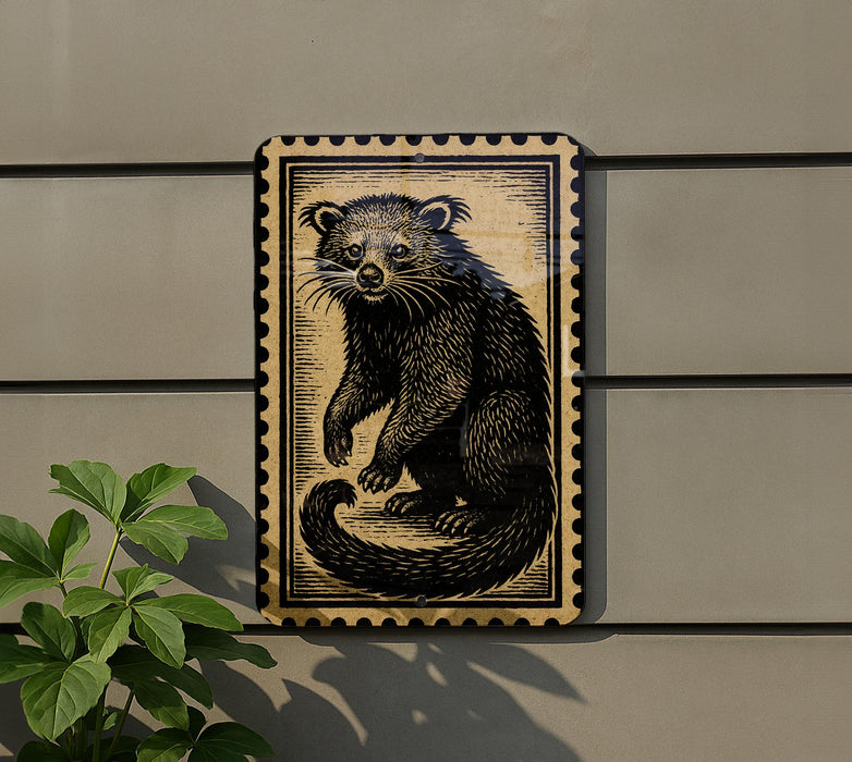 a wooden frame with a black and white illustration of a cat, mounted on a wall.