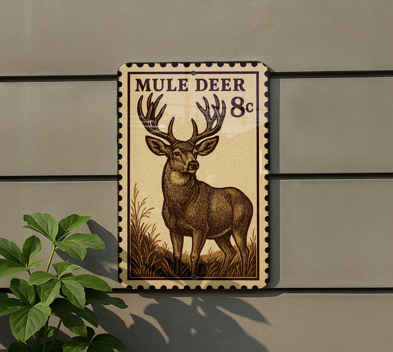 a wooden sign with a mule deer illustration, mounted on a wall.