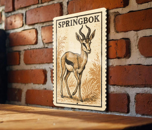 A sign featuring an illustration of a gazelle or antelope, with the word "Springbok" written above it, mounted on a brick wall.