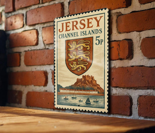A vintage Jersey postage stamp is displayed on a brick wall, featuring a shield with a lion and a castle.