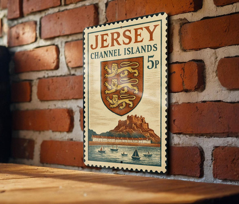 A vintage Jersey postage stamp is displayed on a brick wall, featuring a shield with a lion and a castle.