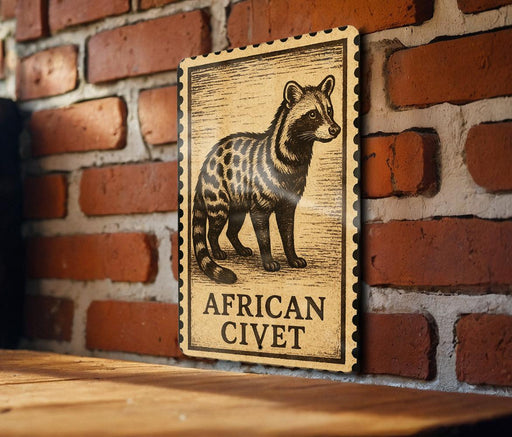 a wooden table with a framed illustration of a raccoon, which is mounted on a brick wall.