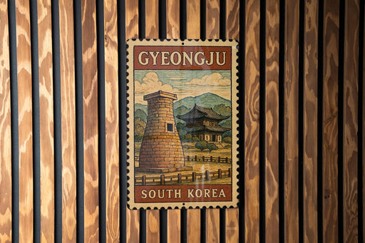 A vintage postage stamp featuring a temple and mountains, with the text "GYEONGJU SOUTH KOREA" printed on it.
