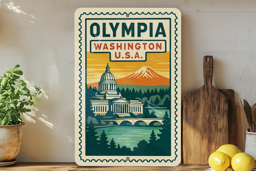 A framed poster of the Washington State Capitol in Olympia, Washington, U.S.A., with a mountain in the background.