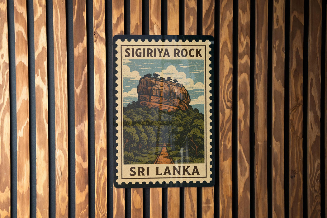 A postage stamp featuring the Sigiriya Rock, a famous landmark in Sri Lanka.