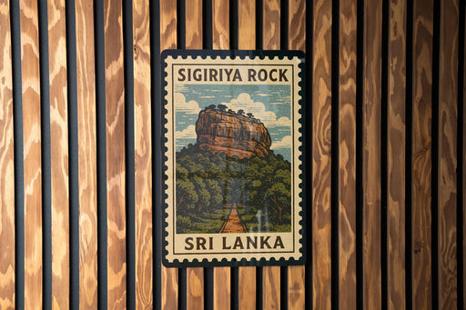 A postage stamp featuring the Sigiriya Rock, a famous landmark in Sri Lanka.