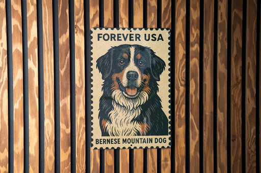A poster of a Bernese Mountain Dog is displayed on a wooden wall.