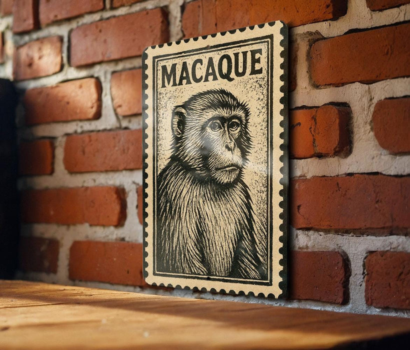 A framed illustration of a monkey is displayed on a brick wall.