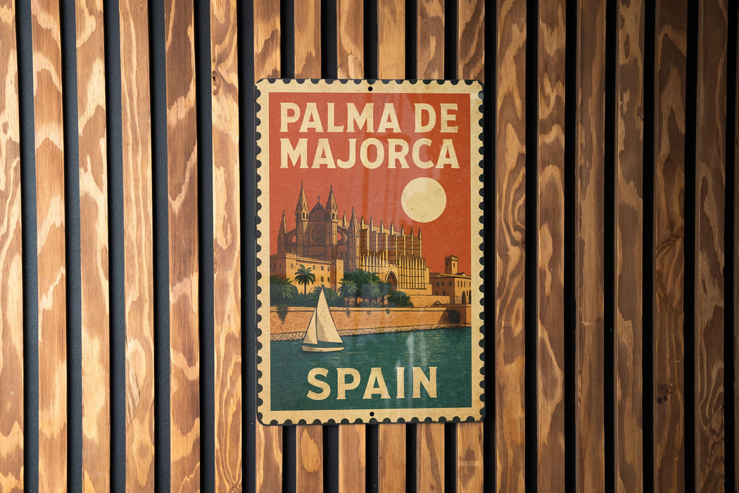A vintage-style metal sign with the text "PALMA DE MAJORCA" and "SPAIN" printed on it, hanging on a wooden wall.