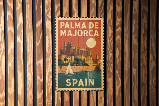 A vintage-style metal sign with the text "PALMA DE MAJORCA" and "SPAIN" printed on it, hanging on a wooden wall.