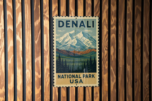 A vintage-style metal sign with the text "DENALI NATIONAL PARK USA" displayed on a wooden wall.