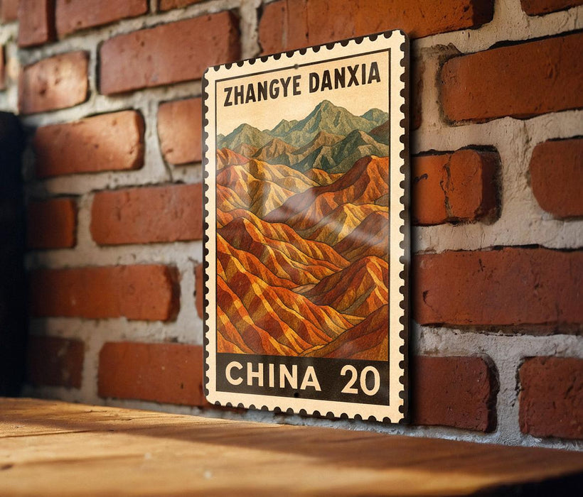 A framed postcard or stamp depicting a mountainous landscape, with the text "Zhangye Dania" and "CHINA 20" printed on it, hanging on a brick wall.